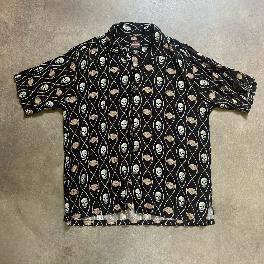 Harley-Davidson Skull Barbwire HD Logo Printed Button Down Shirt